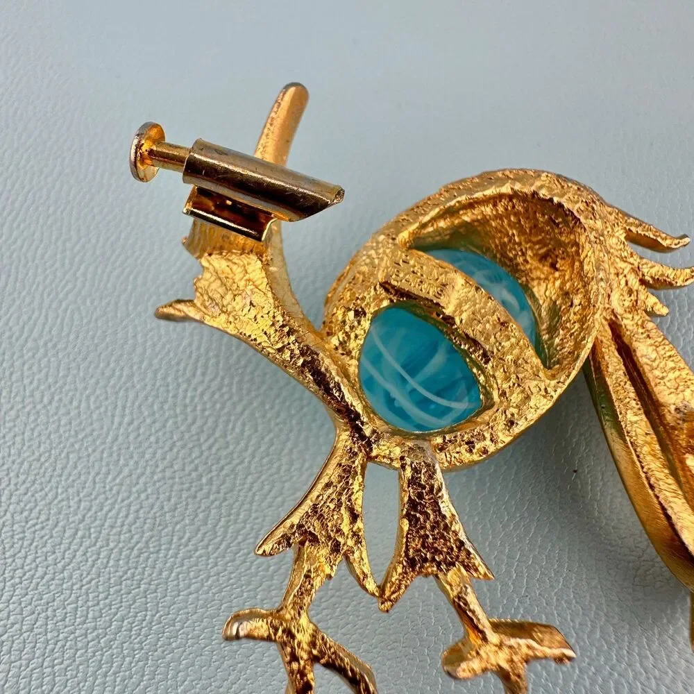 Vintage P&M Paris Bird Brooch Blue Art Glass Belly Rhinestone Eye Tube Hinge